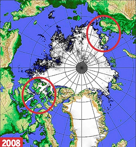 Arctic Ice 2008 showing open water